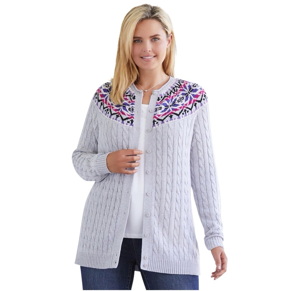 Woman Within Fair Isle Button Cable Knit Cardigan Sz 14/16 Gray Purple